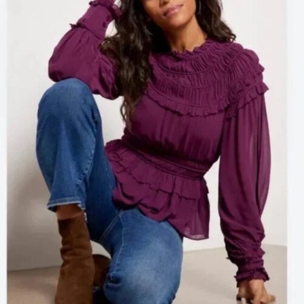 Farm Rio Chiffon Ruffled Blouse in Bordeaux Sz Large Eggplant Purple Peplum NEW